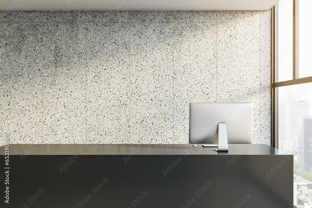 Poster contemporary concrete office interior with black reception desk and panoramic windows with city view