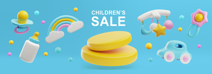 Children s shop sale banner with cute 3d elements, vector illustration on blue background.