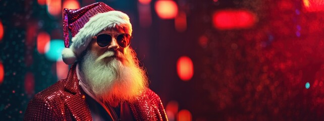 Modern Santa Claus Nightclub party web banner. Stylish hipster cyberpunk style Santa Claus in neon glitter cloth and sunglass. Modern Santa Claus in Santa red hat background © irissca