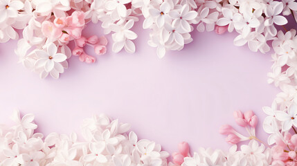 Fototapeta na wymiar Spring flowers on female pastel desk White lilac