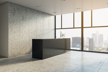 Clean concrete office interior with black reception desk and panoramic windows with city view. Lobby concept. 3D Rendering.