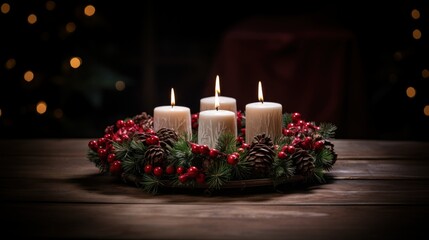 Christmas Advent wreath with 4 burning candles. Decorated Advent wreath from fir and evergreen branches with burning candles