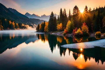 A  view of a beautiful lake during the golden hour of autumn, with the setting sun casting a  glow on the water's surface.