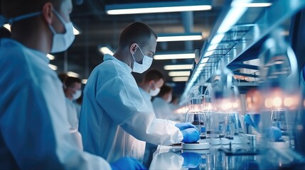 Scientists using advanced technology and machinery working sterile production of medical drugs and equipment in a modern laboratory and factory.
