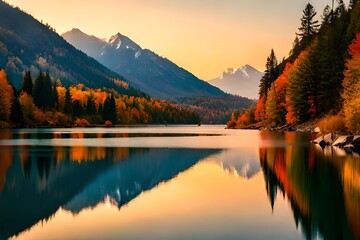 A picturesque lake nestled among hills adorned with colorful autumn foliage.