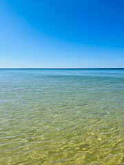 Calm transparent sea surface, blue sea horizon