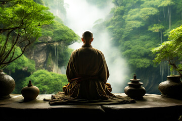 4k meditating monk, Buddhist monk meditating, clam serene nature, Zen, asian mental calmness, relax mind, Japanese, Chinese culture. Stress release. - obrazy, fototapety, plakaty
