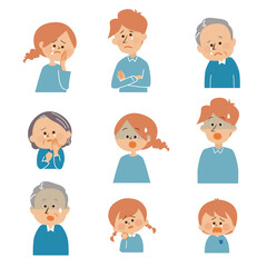 ネガティブな表情　三世帯　家族　イラスト　セット素材