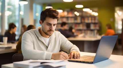 Portrait of young man doing work with laptop and books for finding information at library.