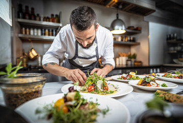 Photo of a chef cooking in a restaurant kitchen, salad