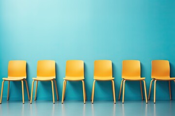Lineup of yellow chairs on blue backdrop with room for text