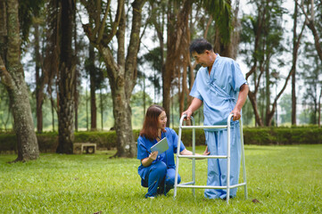 Fototapeta na wymiar Asian Young Female Doctor Talking and Questions to Health with Senior Patients, List Notes to Health Condition, Patient's Healthcare Provider, Rehabilitation or Physical Therapy of Retired Patients.