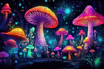 psychedelic mushroom forest, bright acid colors