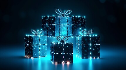 Christmas background Polygonal technology with Christmas box, background. Low poly blue, Generative ai