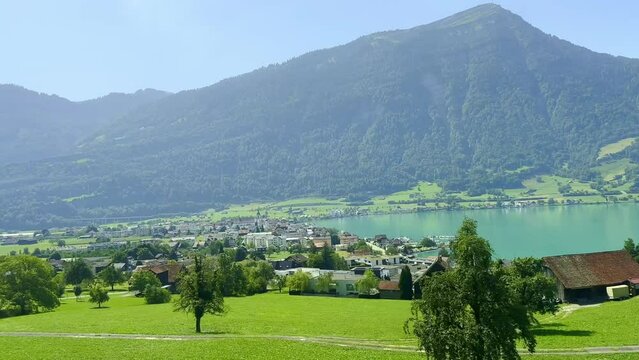 Panoramic View over City Arth Goldau and Lake Zug with Mountain in a Sunny Summer Day in Schwyz, Switzerland, Europe