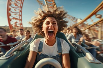 A girl screams on a roller coaster. The concept of extreme recreation. generative ai.
