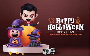 Halloween happy text vector design. Halloween podium stage with vampire, witch and cat costume characters for seasonal trick or treat advertisement background. Vector illustration promotion 
