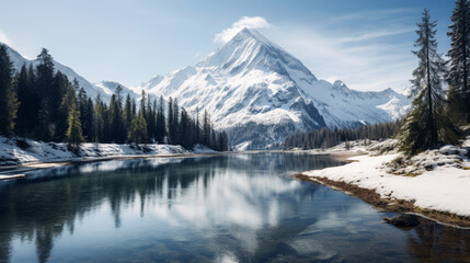 Snow-capped mountains Towering over a tranquil lake in the Alps 