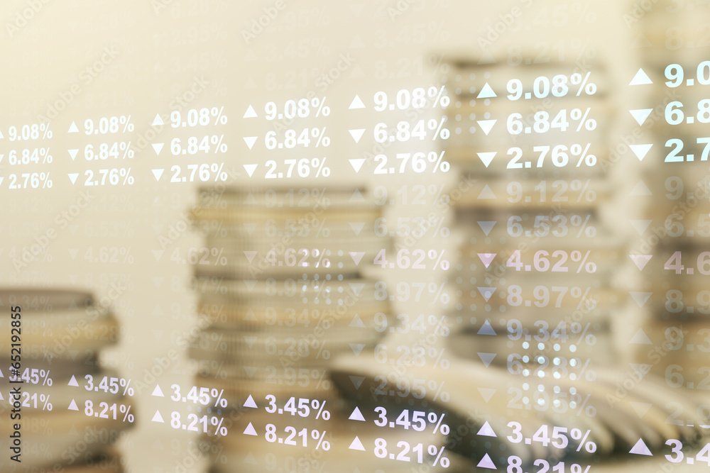 Poster Abstract virtual analytics data spreadsheet on coins background, analytics and analysis concept. Multiexposure