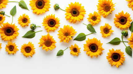 Sunflowers on white background Flat lay top view