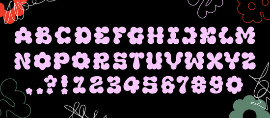 Retro font in 90s and Y2K aesthetics with bold, puffy English letters and numbers. Vector flower bloom shaped alphabet suitable for Y2K designs and children's projects © Derter