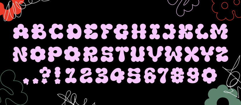 Retro font in 90s and Y2K aesthetics with bold, puffy English letters and numbers. Vector flower bloom shaped alphabet suitable for Y2K designs and children's projects
