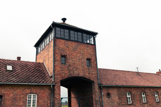 Auschwitz, Poland, September 18, 2021: Fragment of the entrance gate to the Auschwitz Birkenau death camp.