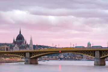 Margaret bridge and Hungarian Parliament at sunset