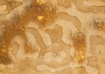 Detail of the wall with old weathered plaster in ochre color