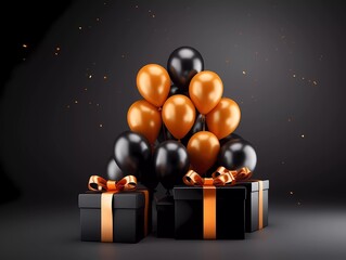 Naklejka premium A greetings banner or postcard with black and orange air balloons on black background. Celebration day. Generative Ai