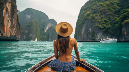 Traveler woman joy fun relaxing on boat at sunny beach - obrazy, fototapety, plakaty