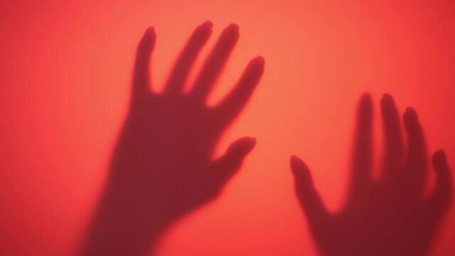 Video of hands of adult lady slowly appear, gently touching red wall illuminated by contour light with palms and fingers, attempting to grab. Woman creating scary atmosphere of Halloween holiday.