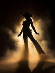 silhouette of dancer, singer, dramatic light and smoke background, on stage, music, club, cowboy hat