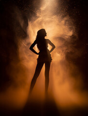 silhouette of dancer, singer, dramatic light and smoke background, on stage, music, club