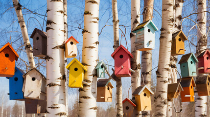 Vertical background with many colorful wooden bird - obrazy, fototapety, plakaty