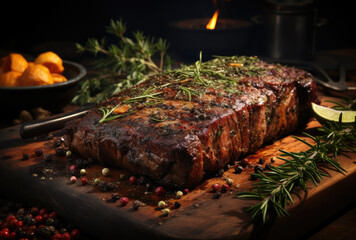 Grilled medium marble beef steak meal with rosemary on background - obrazy, fototapety, plakaty