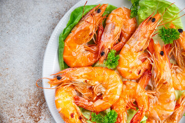 shrimp fried food snack fresh seafood delicious spicy appetizer meal food on the table copy space food background rustic top view