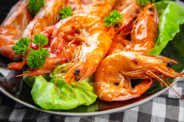shrimp fried food snack fresh seafood delicious spicy appetizer meal food on the table copy space food background rustic top view