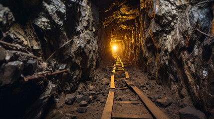 View inside an scary abandoned gold mine tunnel