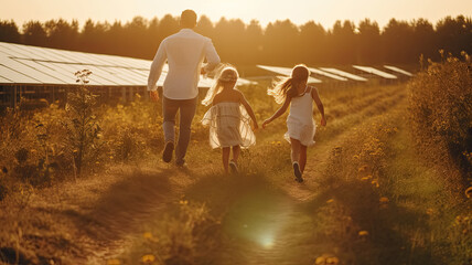 Happy Family running in the electricity Solar panel farm, for renewable energy, Generative Ai.
