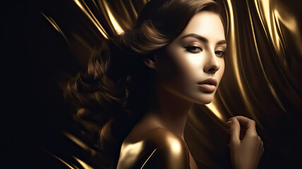 Beauty Cosmetic portrait shot of a woman with luxury golden tone for elegance poster and banner - 652196414