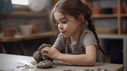 Little girl is working with mud and clay in an art pottery ceramic class, for creative education and happiness cocnept, Generative Ai