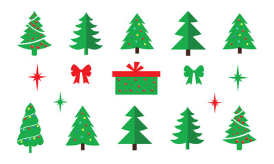 Vector set of cartoon Christmas trees, pines for greeting card, invitation, banner, web. New Years and xmas traditional symbol tree with garlands, light bulb, star. Winter holiday. Icons collection.