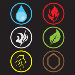 vector graphics of various symbols or icons of natural elements consisting of water, fire, wind, plants, lightning and rocks. can be used for icons or logos