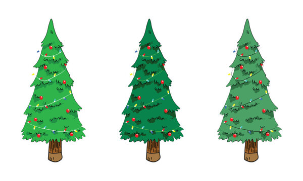 Vector set of cartoon Christmas trees, pines for greeting card, invitation, banner, web. New Years and xmas traditional symbol tree with garlands, light bulb, star. Winter holiday. Icons collection.