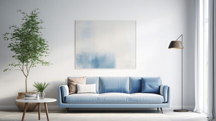 Fototapeta na wymiar White living room blue sofa poster