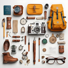 perfect camping gears and gadgets knolling on white background