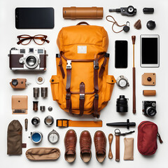 perfect camping gears and gadgets knolling on white background