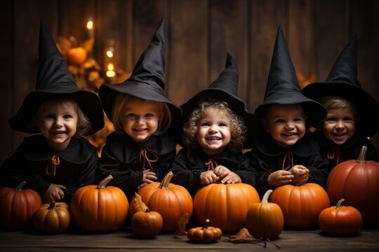Portrait group joyful funny toddler kids little cute children boys girls friends dresses crazy witch spooky costumes posing. Happy Halloween party pumpkins trick treat night indoors holiday greeting