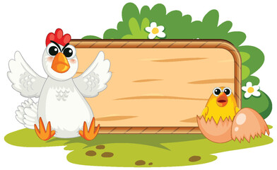 Hen, Eggs, and Chick on Wooden Board